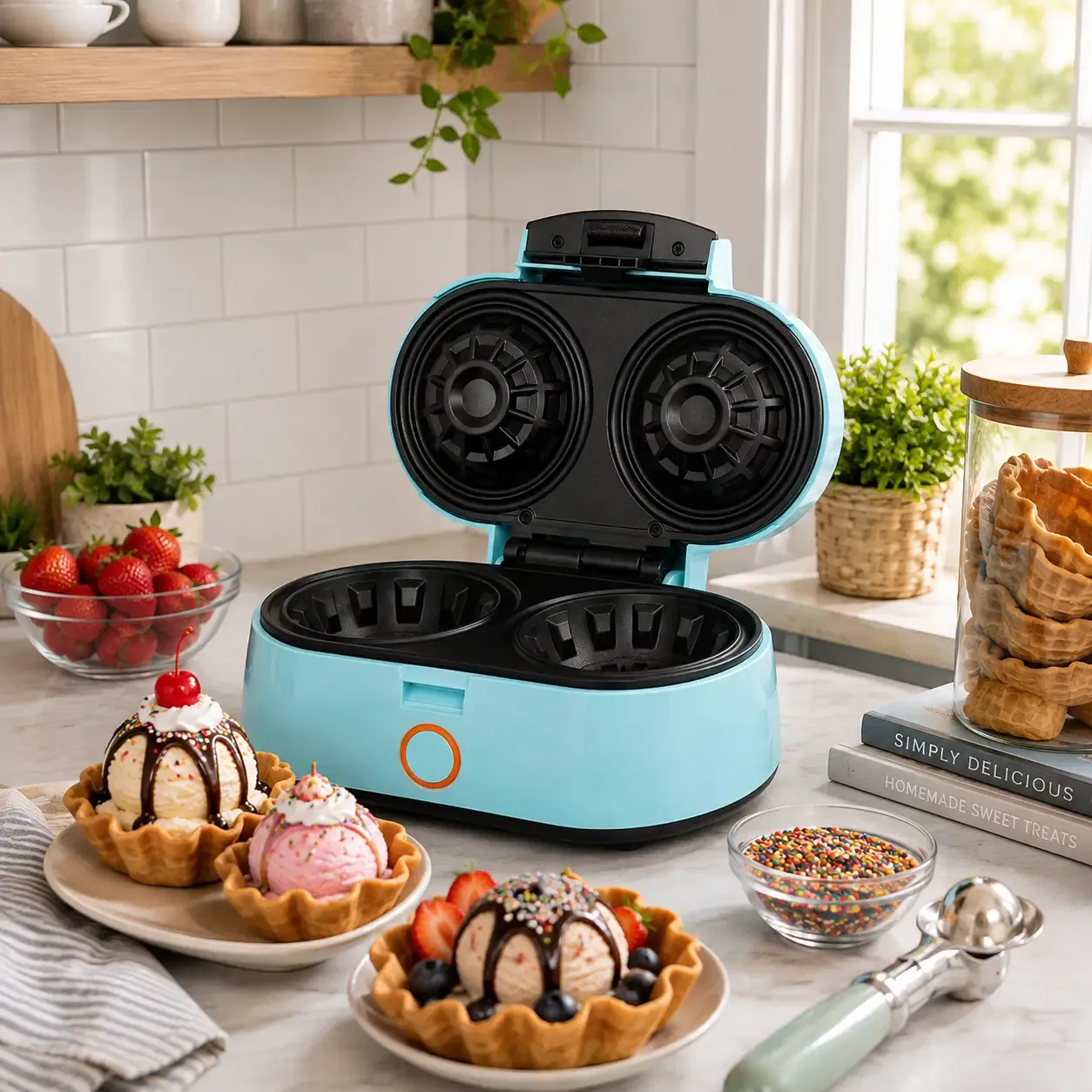 Brentwood Appliances Double Waffle Bowl Maker, Makes 2 Mini 3.5" Waffle Bowls, 1000W, Non-Stick, Blue (TS-1402BL / TS-14O2BL)