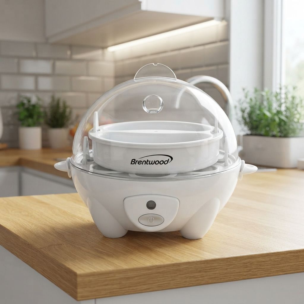 Brentwood 7-Egg Electric Egg Cooker &amp; Steamer with Poaching and Omelet Function, 360W, One-Touch Operation, White (TS-1045W)