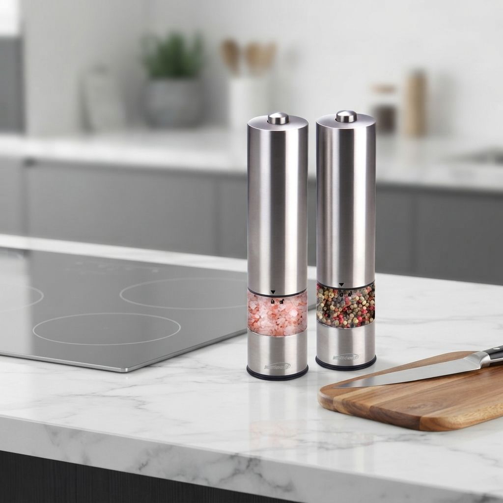 Brentwood Electric Salt and Pepper Grinder Set with Blue LED Illumination, Ceramic Grinding Mechanism, Stainless Steel Housing, One-Handed Operation (SG-2321S)