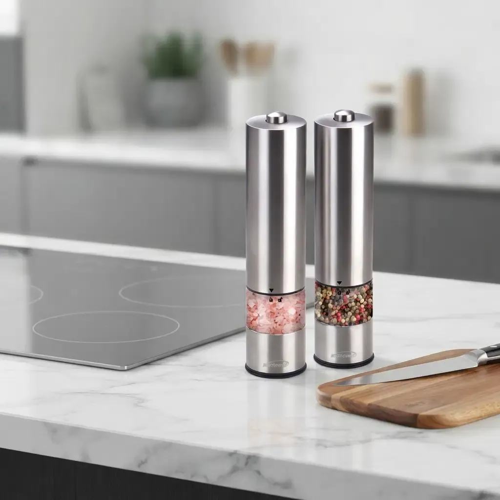 Brentwood Electric Salt and Pepper Grinder Set with Blue LED Illumination, Ceramic Grinding Mechanism, Stainless Steel Housing, One-Handed Operation (SG-2321S)