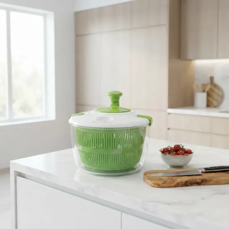 Brentwood Salad Spinner with 5-Qt. Serving Bowl, BPA-Free Locking Lid, Non-Slip Base, Green/White (KA-5030G)