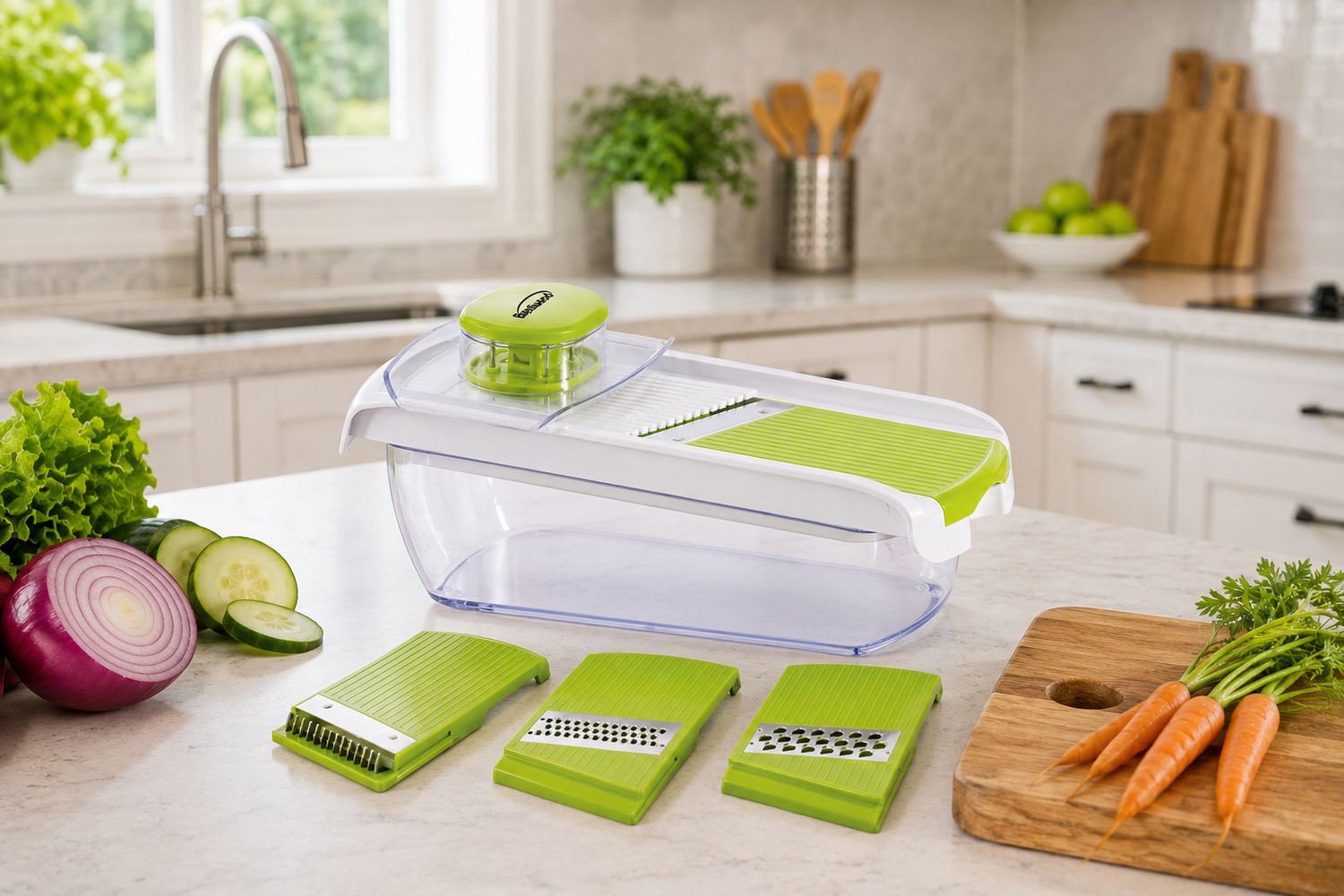 Brentwood Mandolin Slicer with 4 Interchangeable Stainless-Steel Blades &amp; 5-Cup Storage Container - Green/White (KA-5040G)