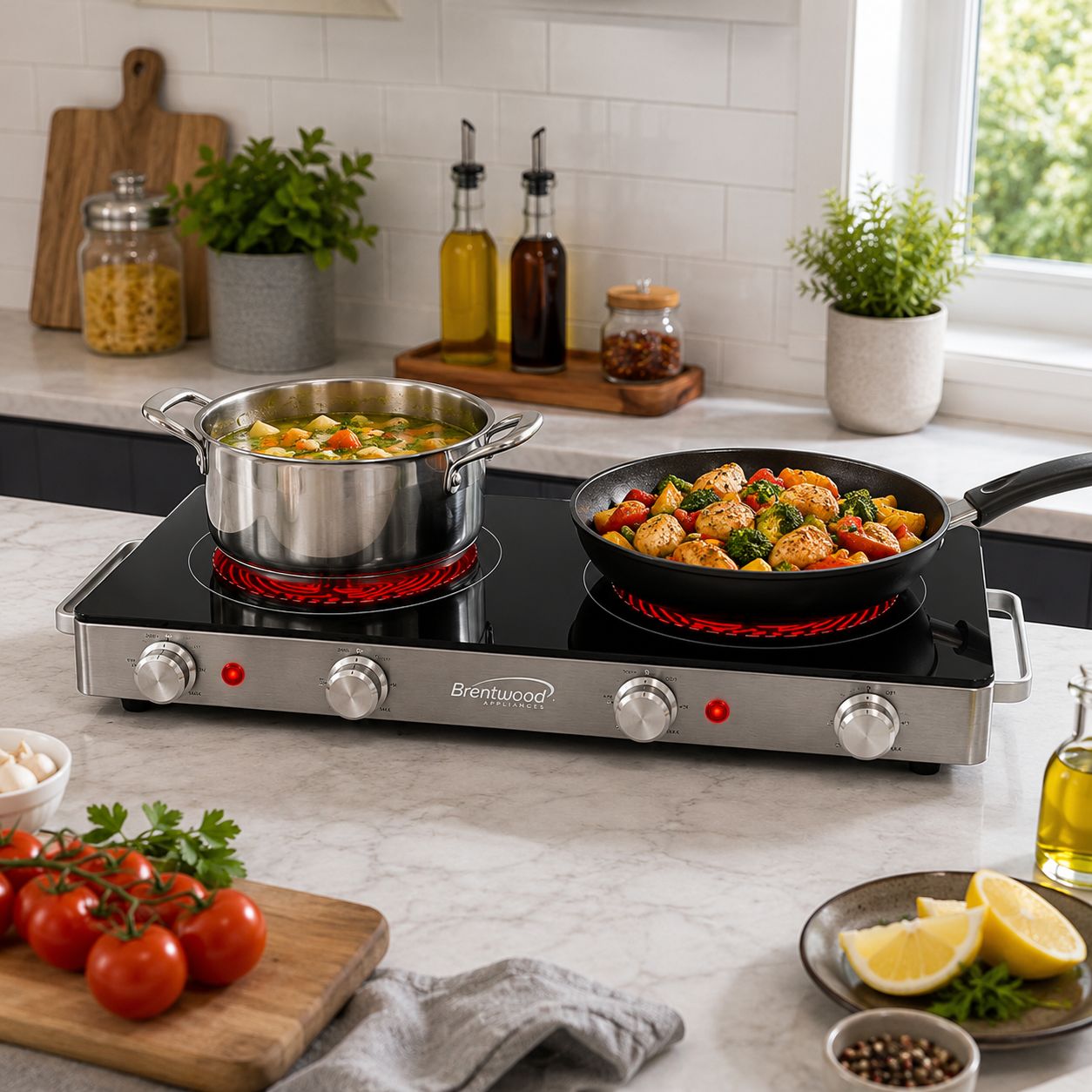 Brentwood Select Double Infrared Electric Countertop Burner, 1800-Watt, Dual Ceramic Glass Burners with Adjustable Heat &amp; 60-Minute Timer, Stainless Steel/Black (TS-382)