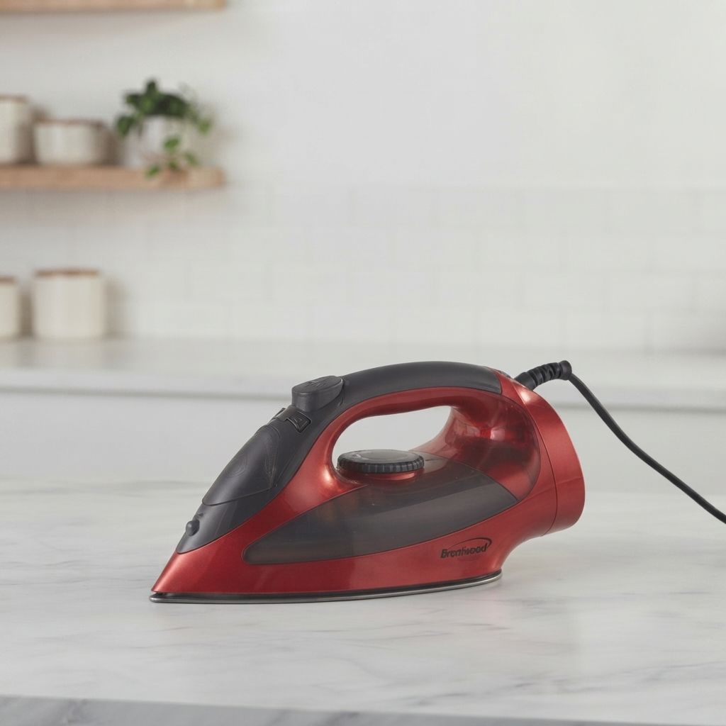 Brentwood Steam Iron with Retractable Cord, Non-Stick Soleplate, 1200W, Vertical Steam, Red (MPI-59R)