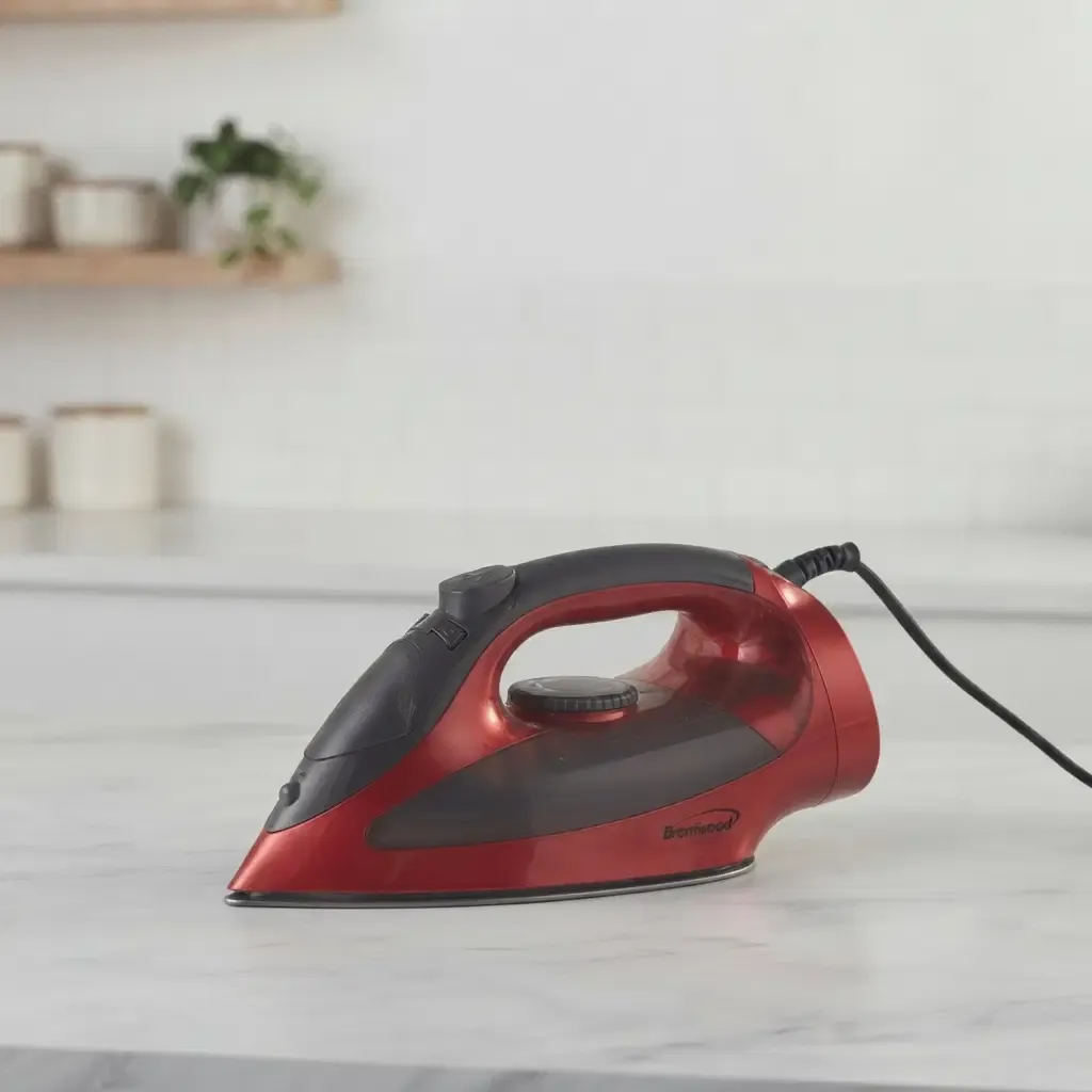 Brentwood Steam Iron with Retractable Cord, Non-Stick Soleplate, 1200W, Vertical Steam, Red (MPI-59R)