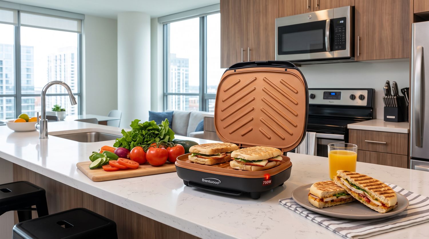 Brentwood 2-Serving Non-Stick Electric Copper Grill and Panini Press - 750W, 46 Sq. In. Cooking Surface, Removable Dishwasher-Safe Drip Tray, Matte Black/Copper (TS-606BK)