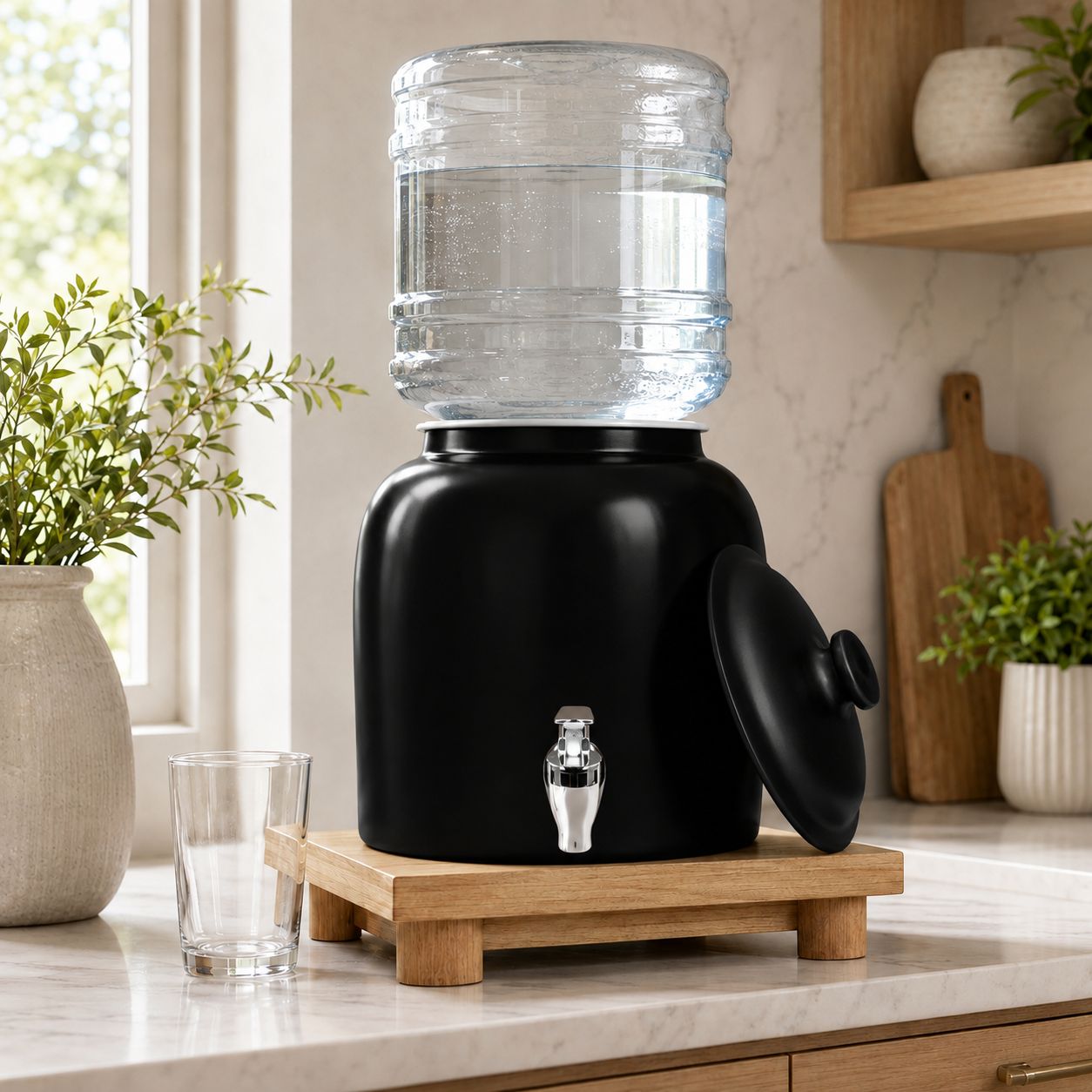 Brio Glazed Porcelain Water Crock, Bottled Water Dispenser, No Electricity or Plumbing Required, Supports 2- to 5-Gallon Bottles, Lever Faucet, Solid Black (CKSBLK)