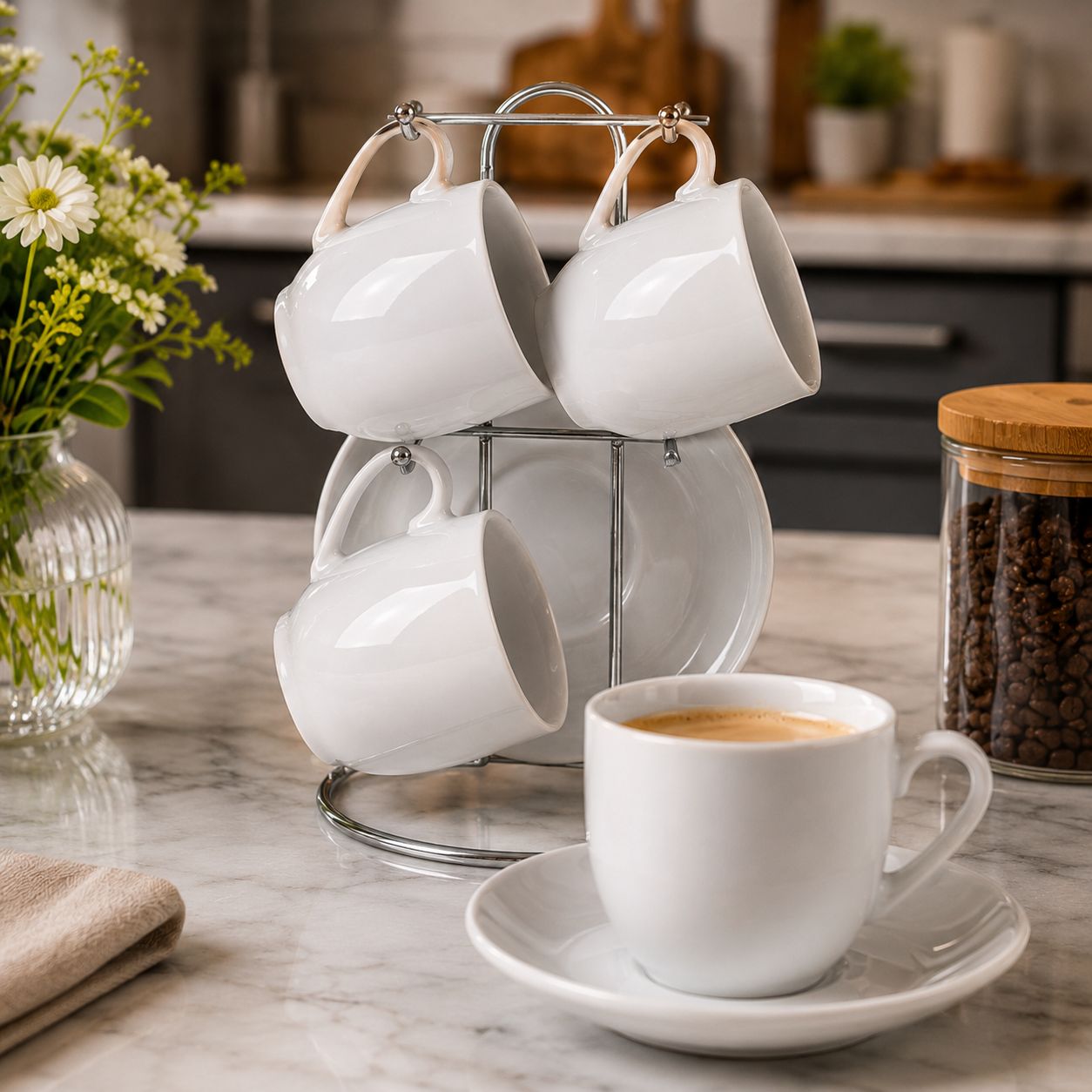 Bene Casa White Espresso Set, 9pc with stand BC-99422