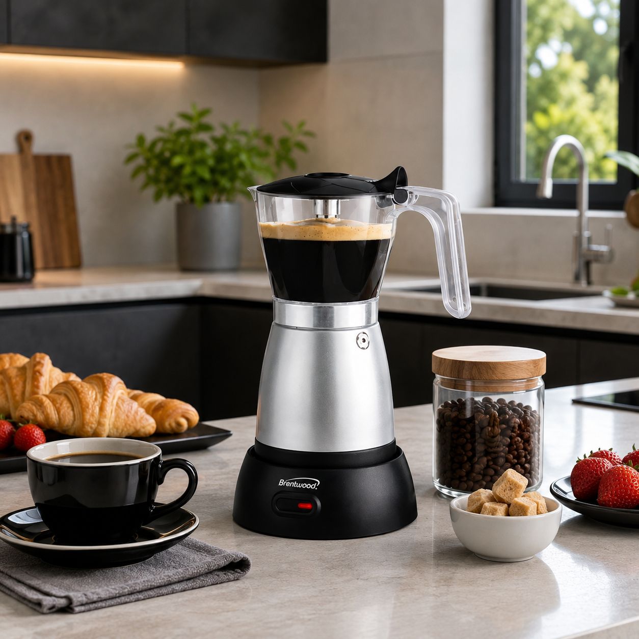 Brentwood Cordless Electric Moka Pot Espresso Machine, 550-Watt, Brews 3-6 Servings, 360° Swivel Base, Silver (TS-119S)