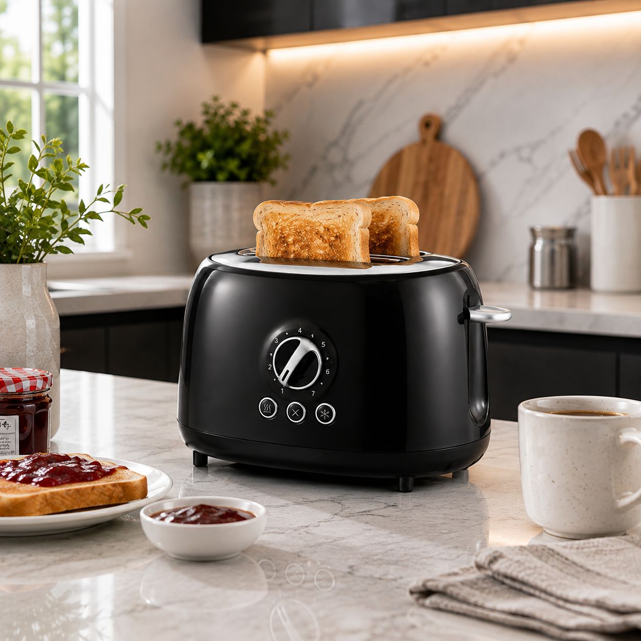 Brentwood Cool-Touch 2-Slice Retro Toaster with Extra-Wide Slots, 7-Setting Browning Control, Reheat &amp; Defrost Functions, Black/Silver (TS-270BK)