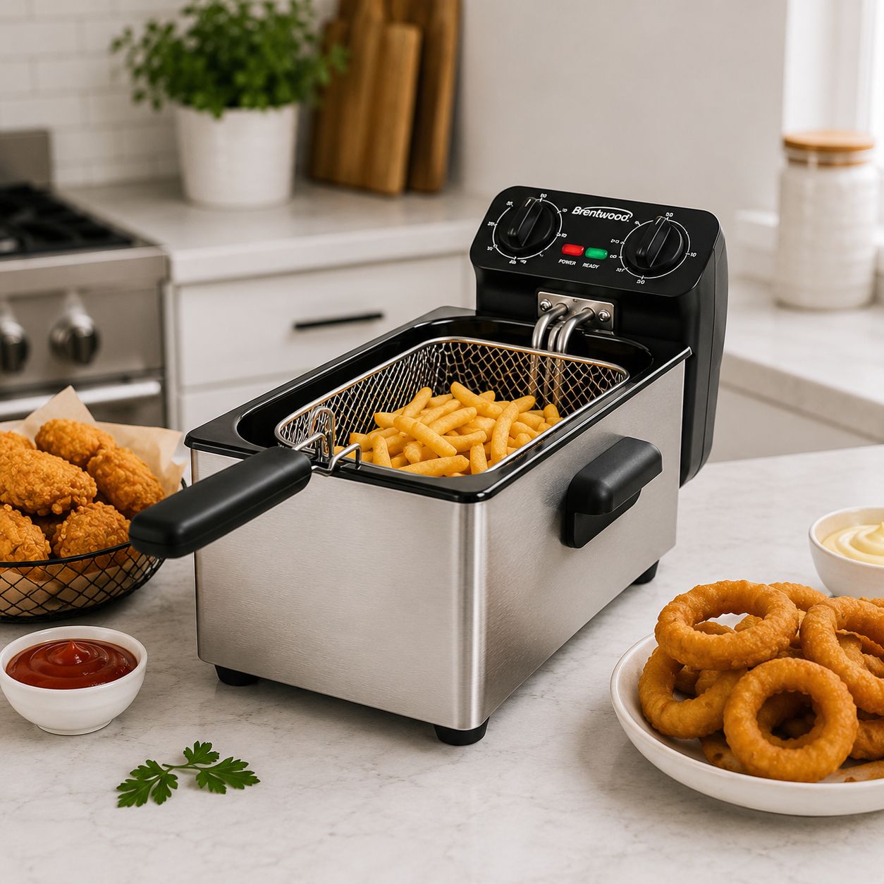 Brentwood Electric Deep Fryer, 1,500W, 12-Cup / 3-Liter Capacity, Adjustable Temperature Control, 60-Minute Timer, Viewing Window, Black &amp; Stainless Steel (DF-730S)