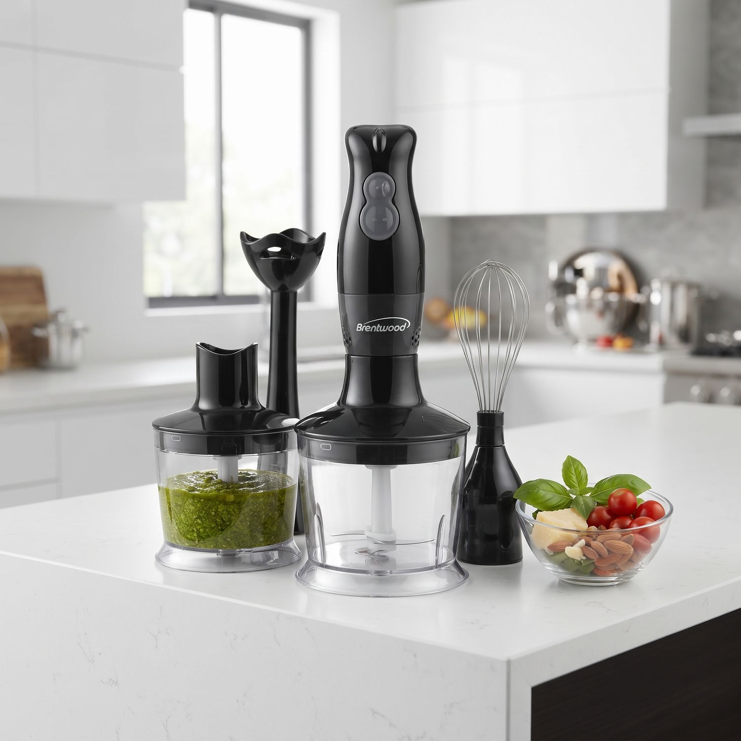 Brentwood Appliances 2-Speed Hand Blender &amp; Food Processor with Balloon Whisk, 200W, Stainless Steel Blades, Black (HB-38BK)