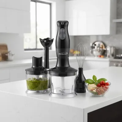 Brentwood Appliances 2-Speed Hand Blender &amp; Food Processor with Balloon Whisk, 200W, Stainless Steel Blades, Black (HB-38BK)