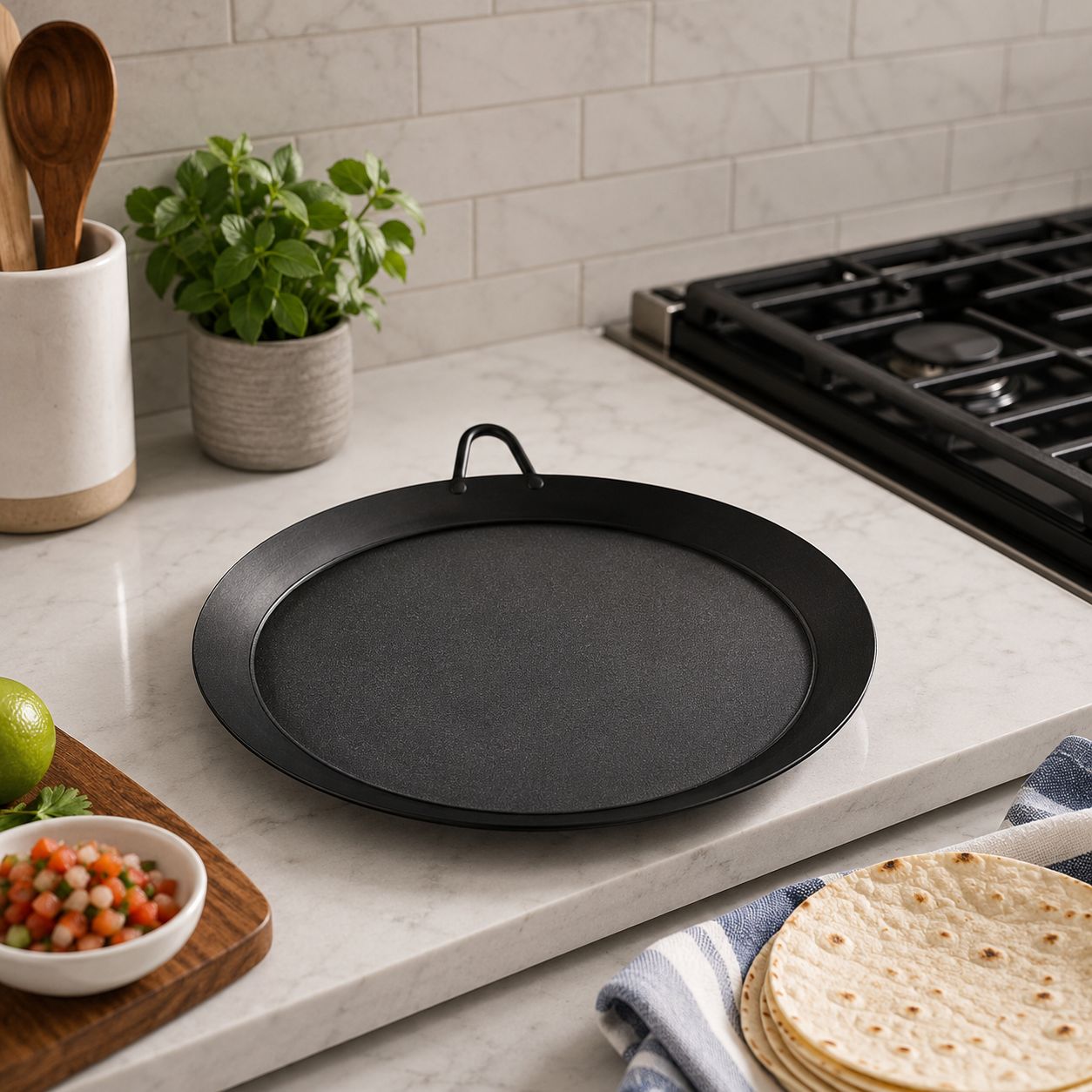 Brentwood Appliances Non-Stick Heavy-Gauge Carbon Steel Round Griddle Comal, 13'' / 33cm, 1.2mm Thickness, Welded Handles, Dishwasher Safe, Black (BCM-33)