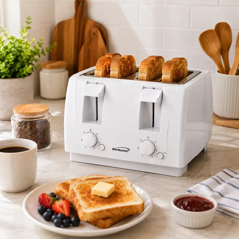 Brentwood 4-Slice Toaster - Cool Touch Exterior, 1300W, 7 Browning Settings, Auto-Centering Guides, White/Silver (TS-265)