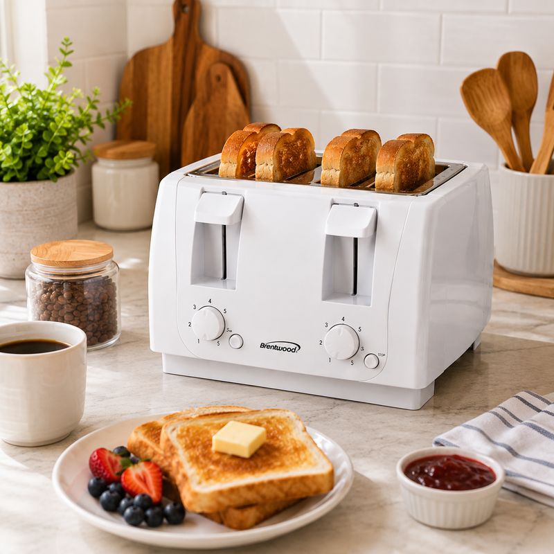 Brentwood 4-Slice Toaster - Cool Touch Exterior, 1300W, 7 Browning Settings, Auto-Centering Guides, White/Silver (TS-265)