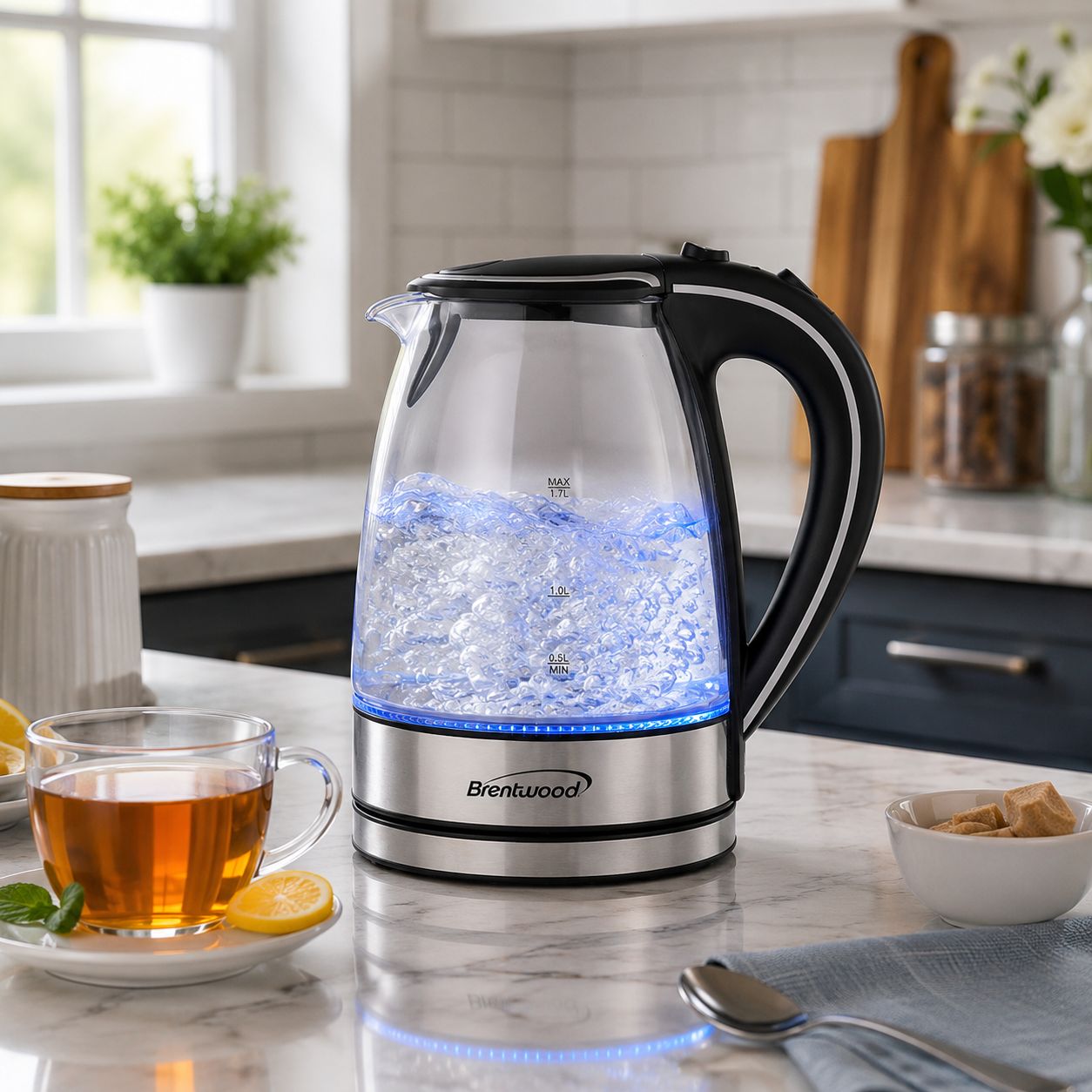 Brentwood Cordless Glass Electric Kettle, 1.7L (50 Oz), 1100W, Blue LED, 360° Swivel Base, BPA-Free, Black &amp; Brushed Stainless Steel (KT-1900BK)