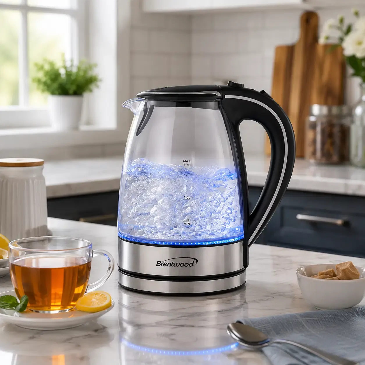 Brentwood Cordless Glass Electric Kettle, 1.7L (50 Oz), 1100W, Blue LED, 360° Swivel Base, BPA-Free, Black &amp; Brushed Stainless Steel (KT-1900BK)