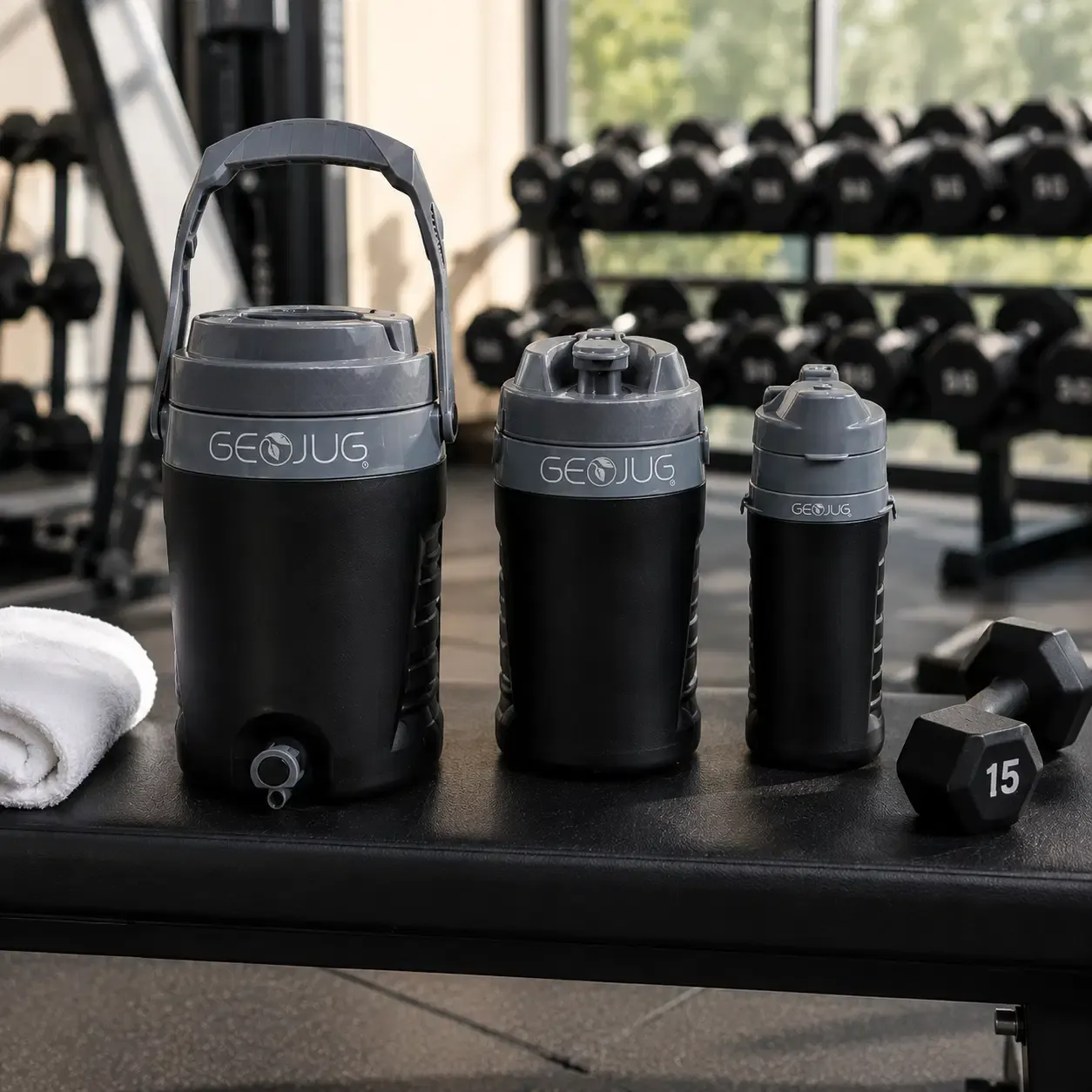 Brentwood GeoJug 3-Piece Sports Water Jug Set with Bottom Dispenser Spigot, 30 oz. + 64 oz. + 1.5 Gal., Ridged Grip, Black &amp; Gray (G-2300BK)
