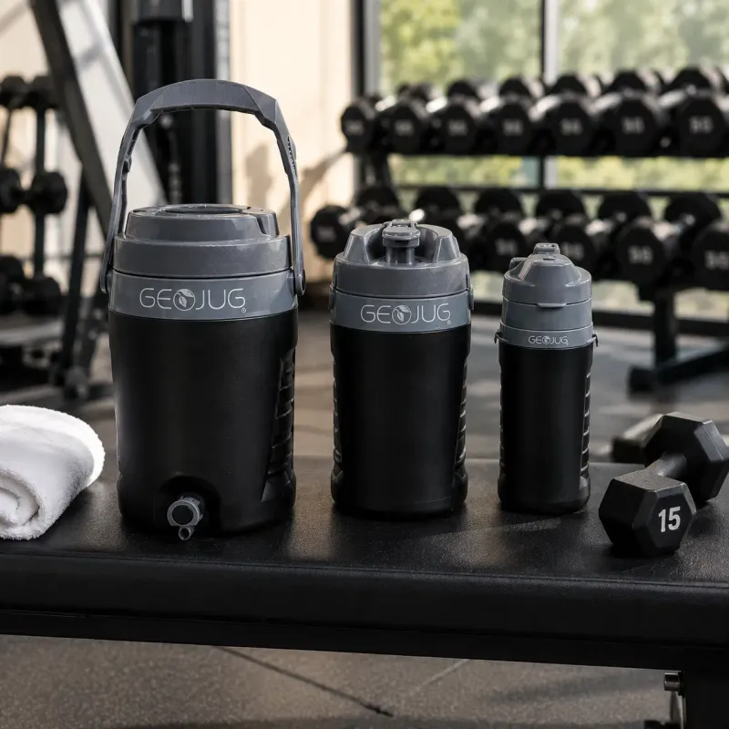 Brentwood GeoJug 3-Piece Sports Water Jug Set with Bottom Dispenser Spigot, 30 oz. + 64 oz. + 1.5 Gal., Ridged Grip, Black &amp; Gray (G-2300BK)