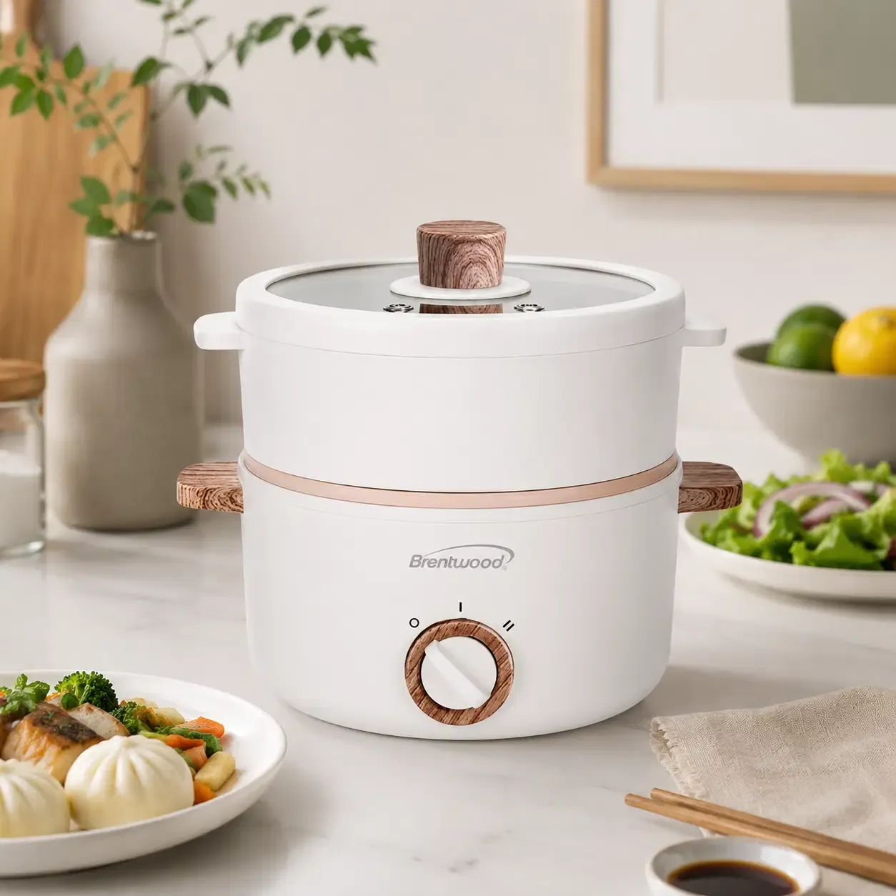 Brentwood Multi-Function Electric Hot Pot Cooker &amp; Food Steamer, 600W, 1.5 L/1.6 Qt., Ceramic Non-Stick Coating, White (HPS-3162W)