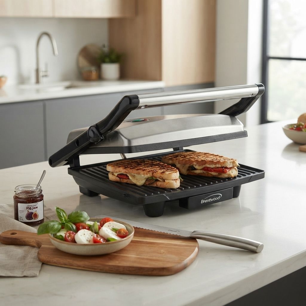 Brentwood Select 1,400W Panini Press &amp; Contact Grill, Non-Stick, Up to 2 Sandwiches, Cool-Touch Handle, Silver/Black (TS-651)