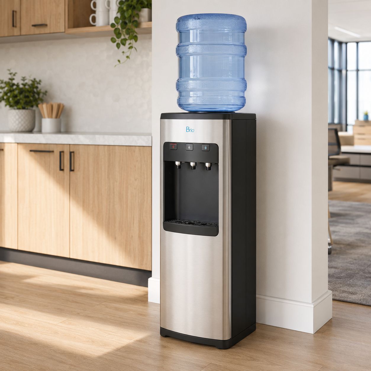 Brio Essential Series Top Load Water Dispenser, Tri-Temp Hot Cold and Room Temperature Water Cooler with Child Safety Lock, Stainless Steel Reservoirs, Black and Stainless Steel (CLTL520)