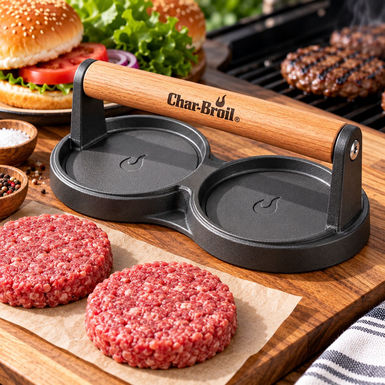 CHAR-BROIL CAST ALUMINUM BURGER PRESS – DUAL PATTY PRESS WITH WOODEN HANDLE – MODEL 6787719 – UPC 047362877192