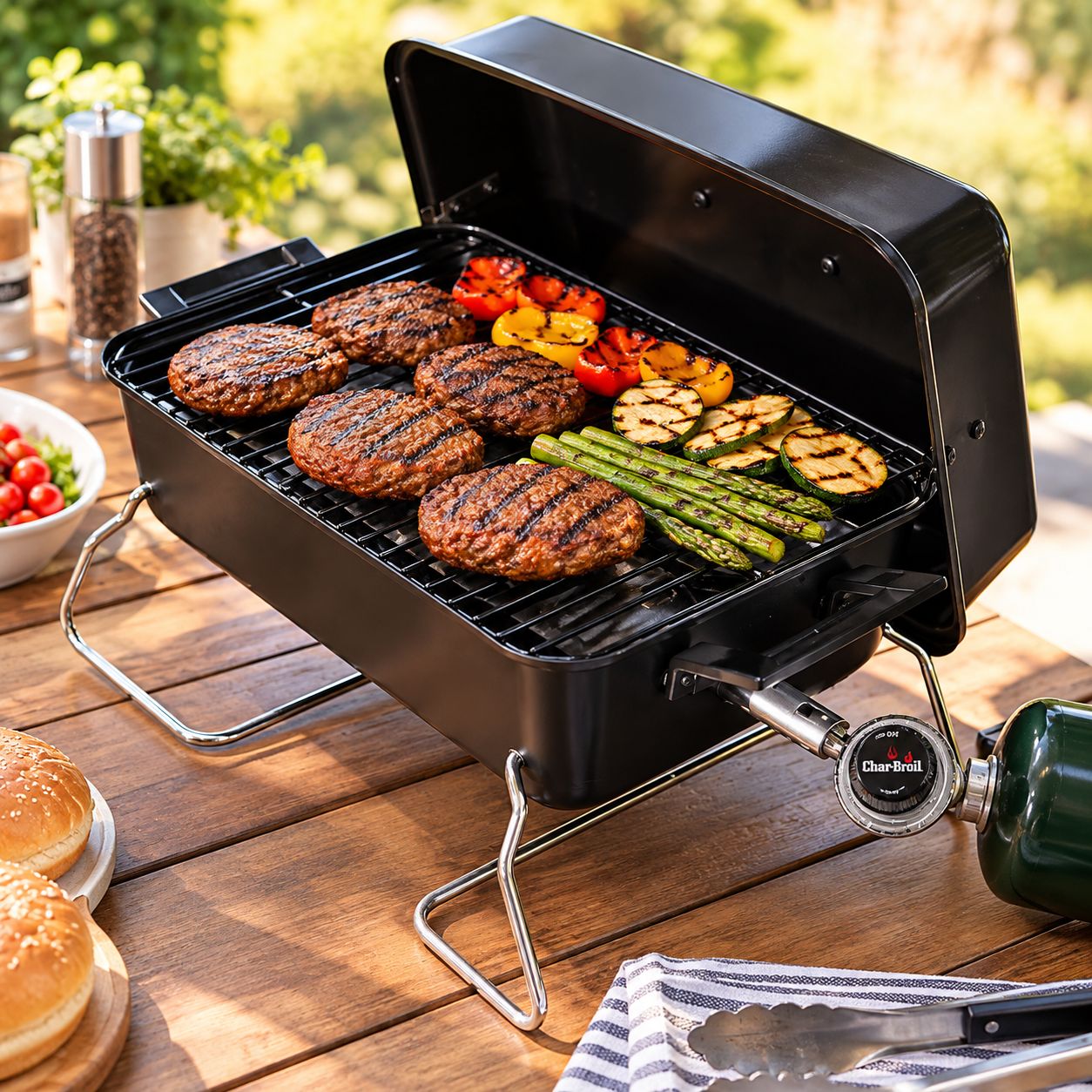 CHAR-BROIL PORTABLE TABLETOP PROPANE GAS GRILL – BLACK – 11,000 BTU – 190 SQ. IN. COOKING AREA – MODEL 465133010