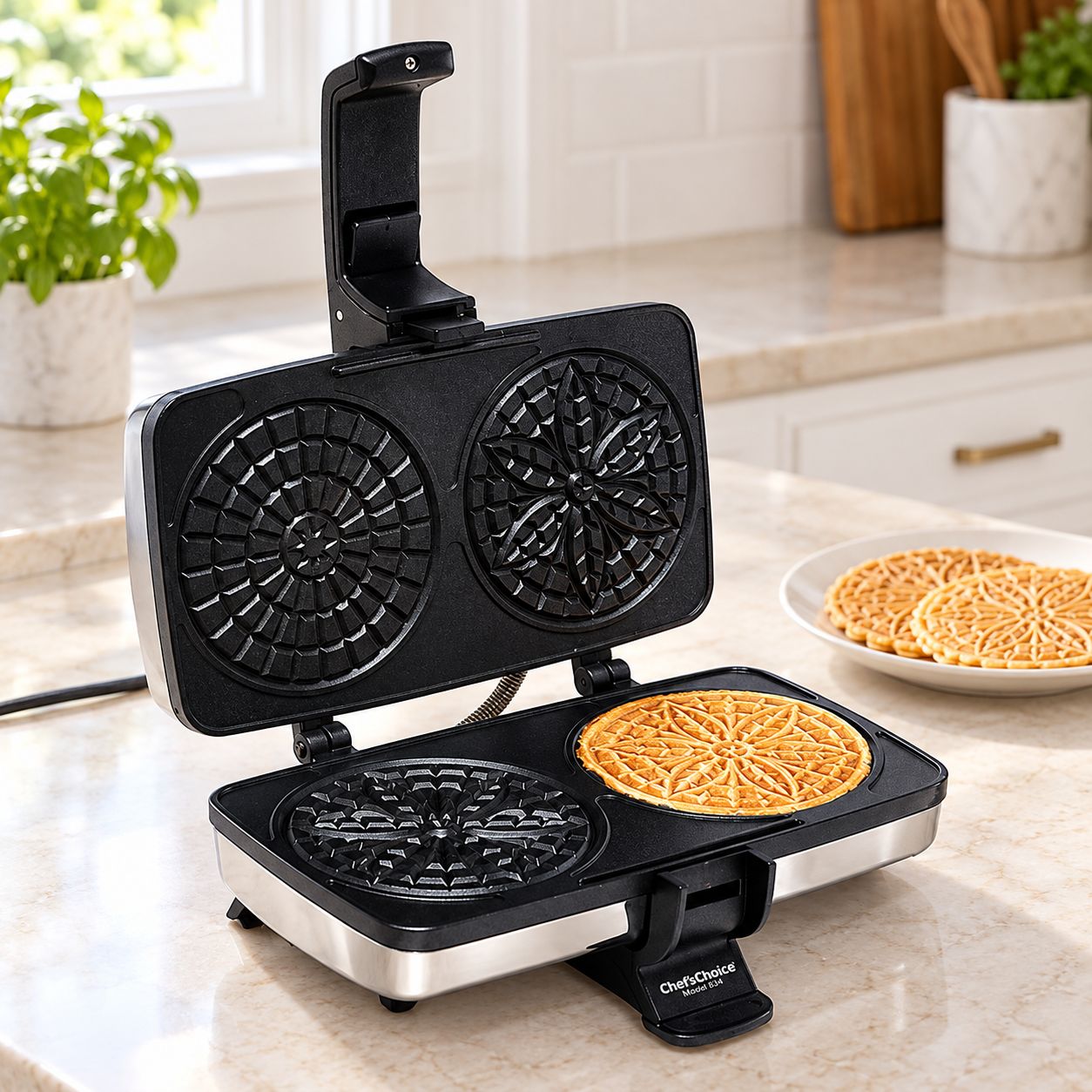 CHEF’S CHOICE PizzellePro Toscano Nonstick Pizzelle Maker – Two 4.75-Inch Cookies per Batch, 900W, 120V/60Hz (M834)