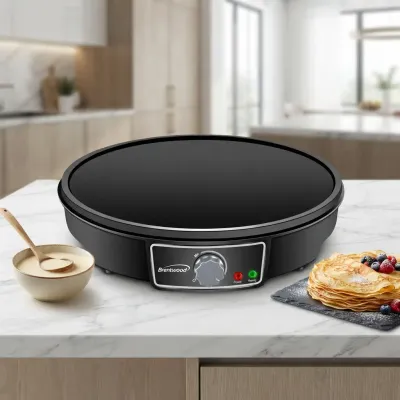 Brentwood 12-Inch Electric Non-Stick Crepe Maker &amp; Griddle, 1,000W Adjustable Heat, Black (TS-602BK)