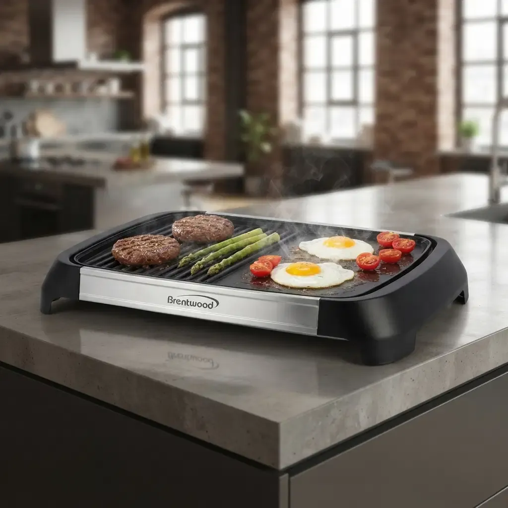 Brentwood Select 2-in-1 Electric Indoor Grill &amp; Griddle, 1200W, Adjustable Temperature, Non-Stick, Brushed Stainless Steel/Black (TS-641)
