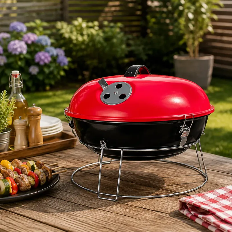 Brentwood 14'' Portable Charcoal BBQ Grill With Wire Rack, 150 Sq. In. Cooking Area, Chrome-Plated Grate, Locking Lid, Red / Black (BB-1400R)