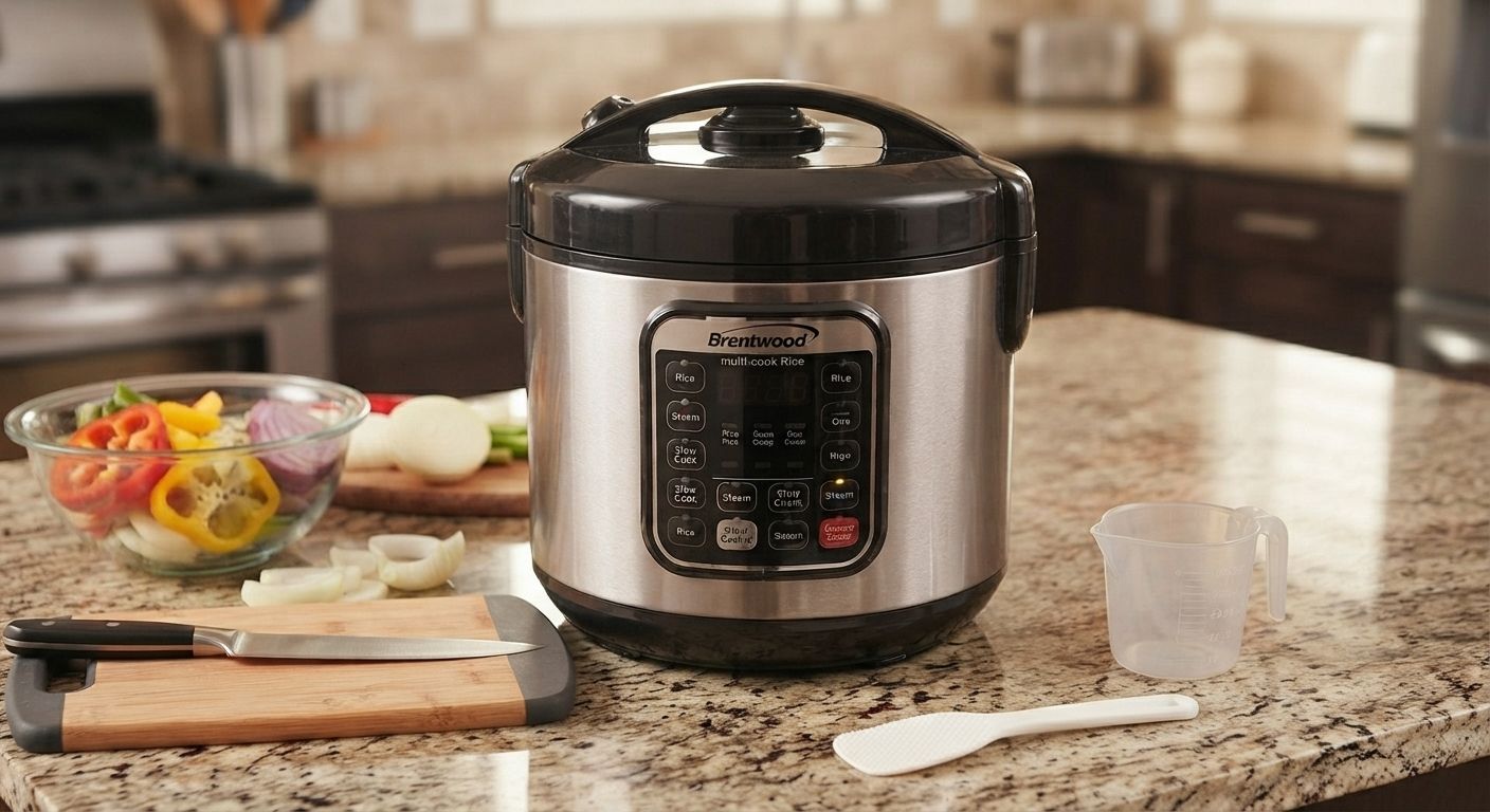 Brentwood Smart Multi-Cooker – Versatile 6-Function Rice Cooker, 16-Cups Cooked/8-Cups Uncooked, with Sauté, Steam, Slow Cook &amp; Keep Warm Functions, Silver/Black (RC5116DS)
