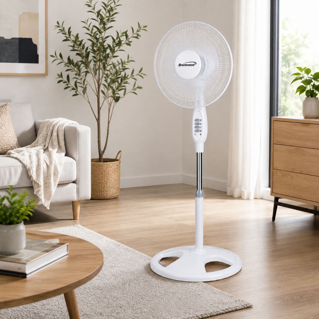 Brentwood 16" Oscillating Stand Fan with 3-Speed Settings, Adjustable Height &amp; Tilting Head, White (F-16SMW)