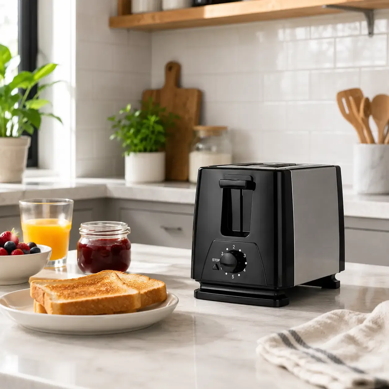 Brentwood 2-Slice Extra-Wide Slot Toaster with 6-Setting Browning Control &amp; Auto-Centering Guides - Stainless Steel with Black Accents (TS-280S)