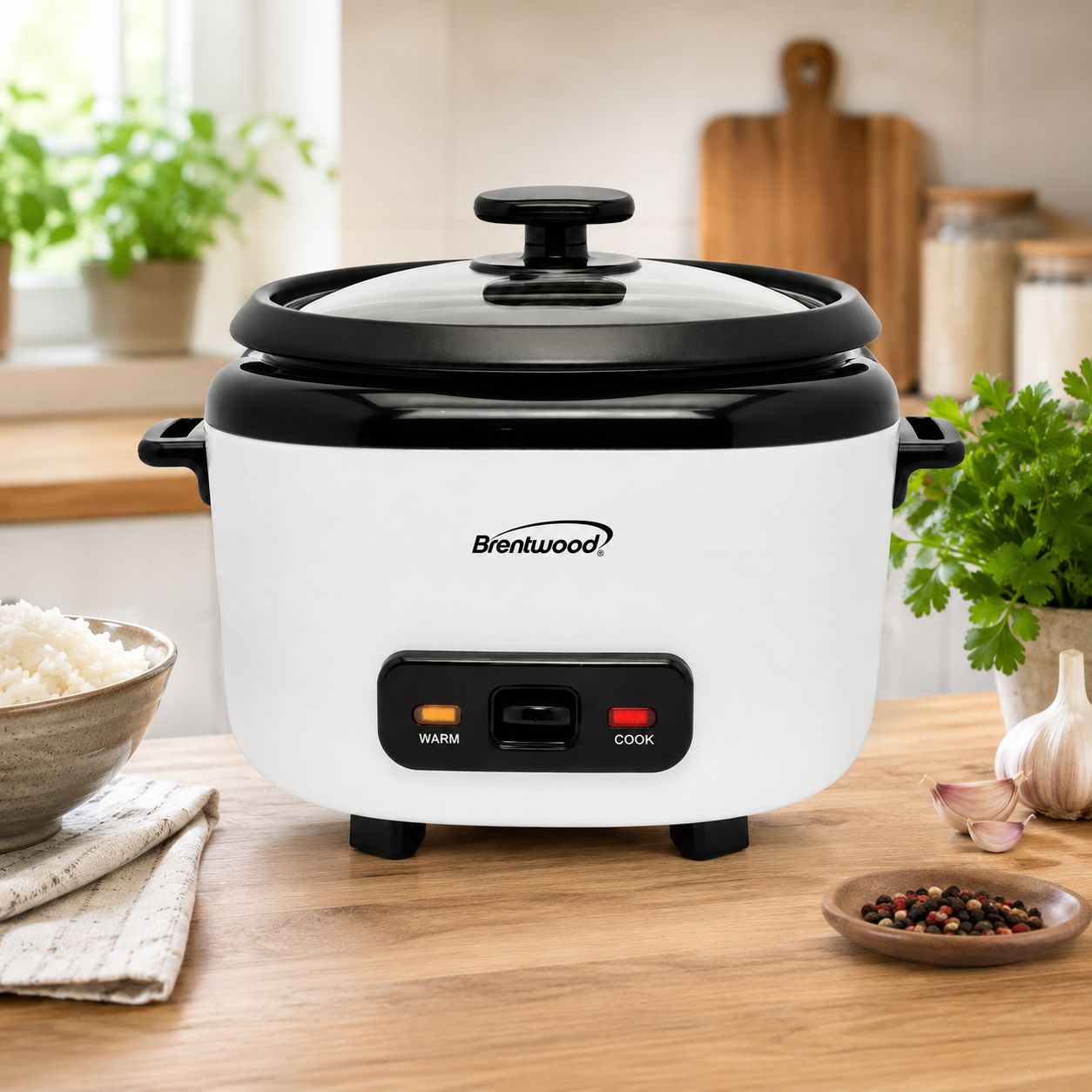 Brentwood Electric Rice Cooker with Steam Tray, 5-Cup Uncooked/10-Cup Cooked Capacity, 400W, One-Touch Control with Keep Warm Function, Measuring Cup and Spatula Included, White (RC-5010W)