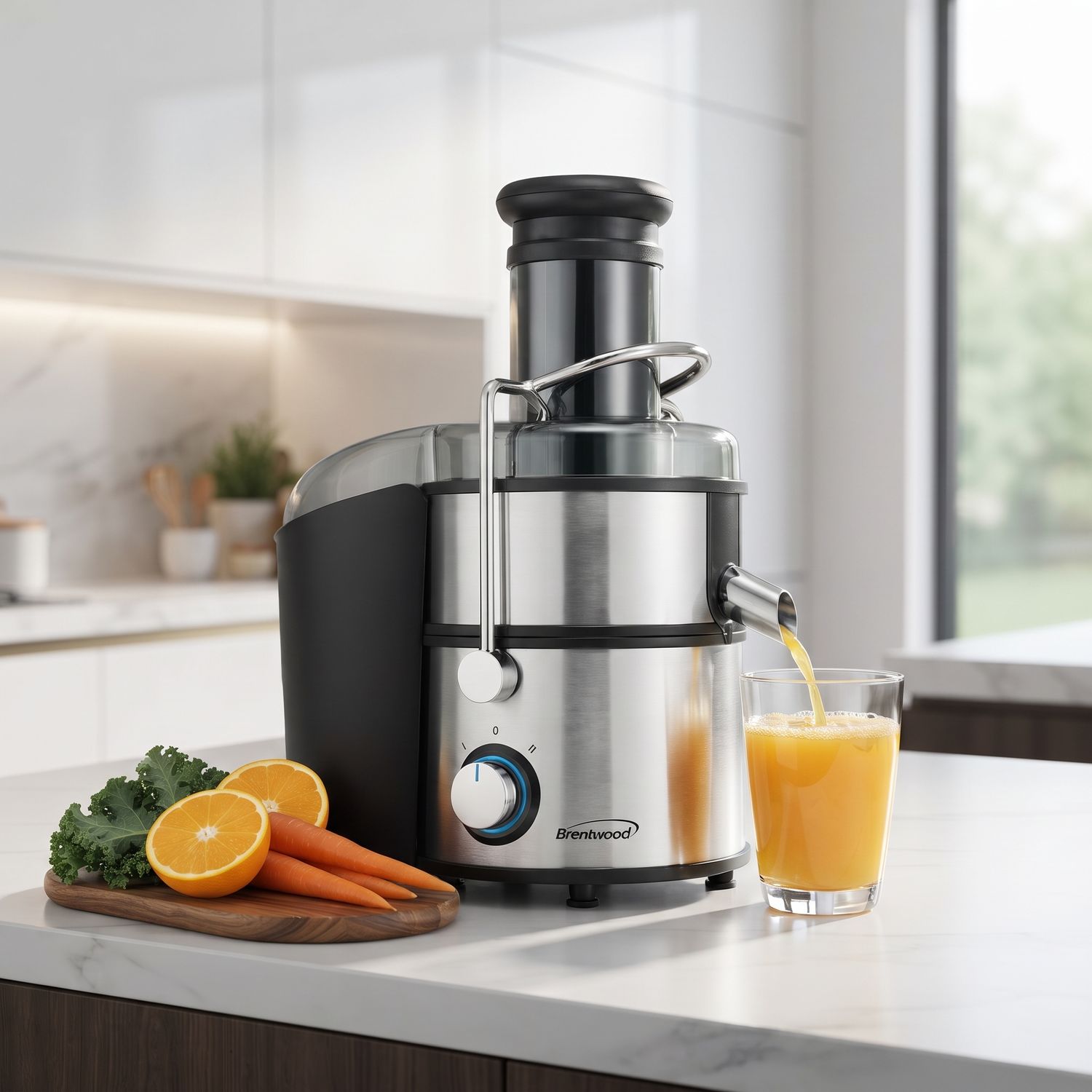 Brentwood Power Juicer Centrifugal Juice Extractor, 800W, 2-Speed, Extra-Wide Feed Chute, Stainless Steel, Silver/Black (JC-500)
