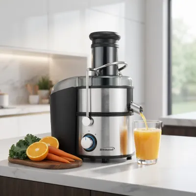 Brentwood Power Juicer Centrifugal Juice Extractor, 800W, 2-Speed, Extra-Wide Feed Chute, Stainless Steel, Silver/Black (JC-500)