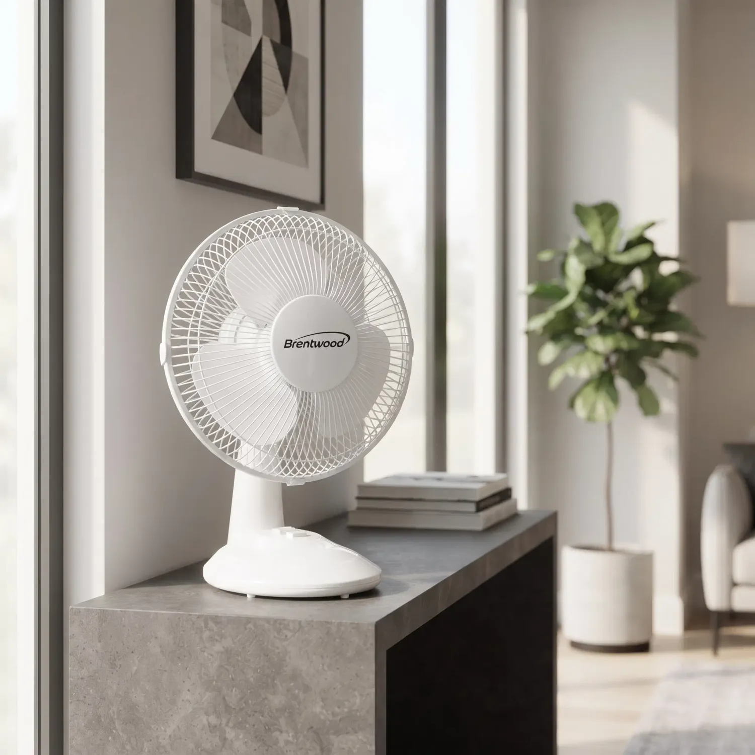 Brentwood 9'' Oscillating Desk Fan with 2-Speed Push-Button Control, Adjustable Pivoting Head &amp; Built-In Handle, White (F-9DW)