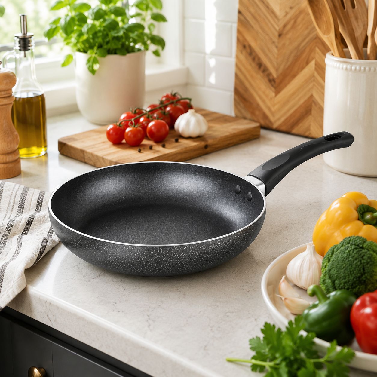 Brentwood Heavy-Gauge Aluminum Non-Stick Frying Pan – 9.5 In, Granite-Style Exterior, Heat-Resistant Handle, Black (BFP-305)