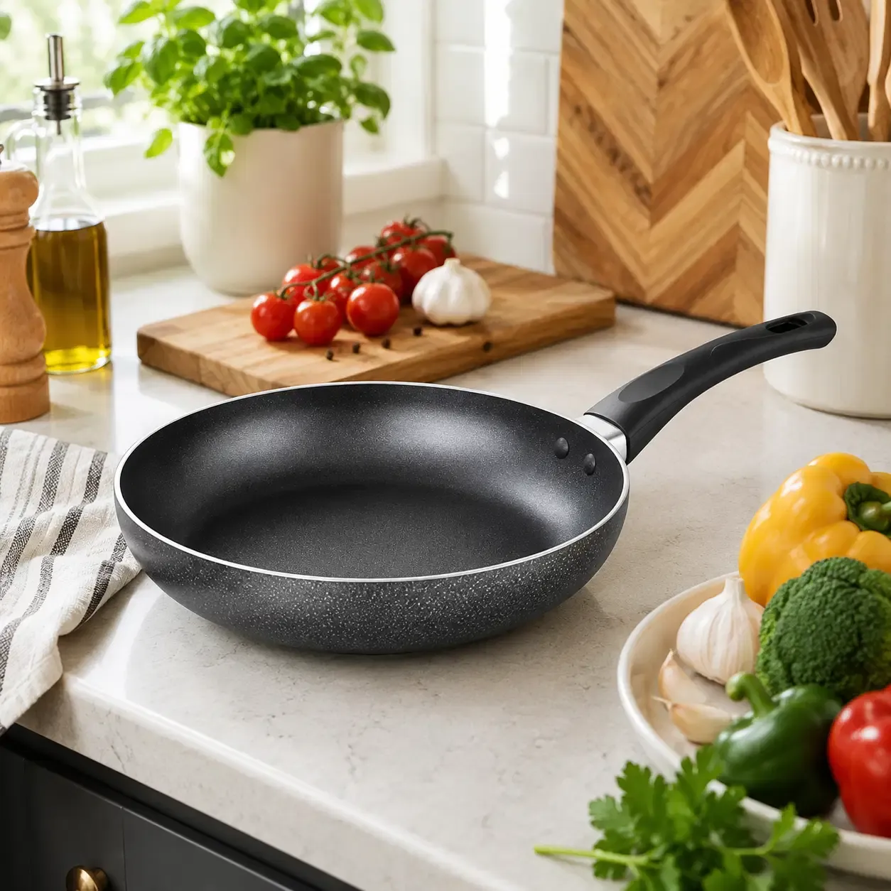 Brentwood Heavy-Gauge Aluminum Non-Stick Frying Pan – 9.5 In, Granite-Style Exterior, Heat-Resistant Handle, Black (BFP-305)