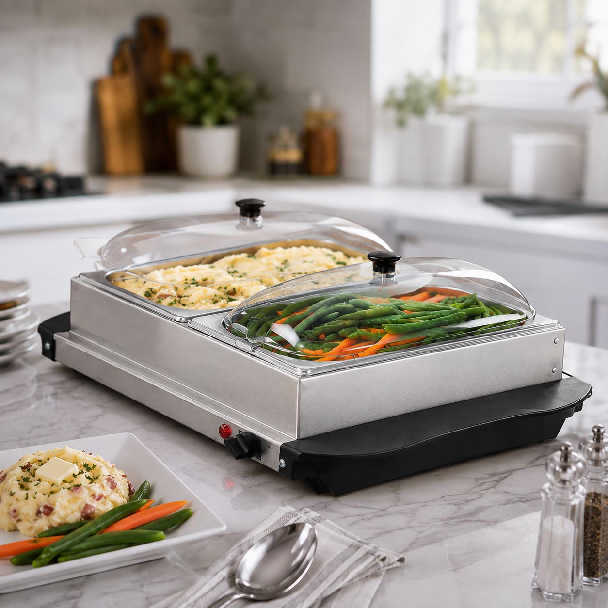 Brentwood Double Buffet Food Warmer With Tray, 3-Qt. 2-Pan Server &amp; 12 x 10 In. Warming Tray, Brushed Stainless Steel, Silver/Black (BF-215)