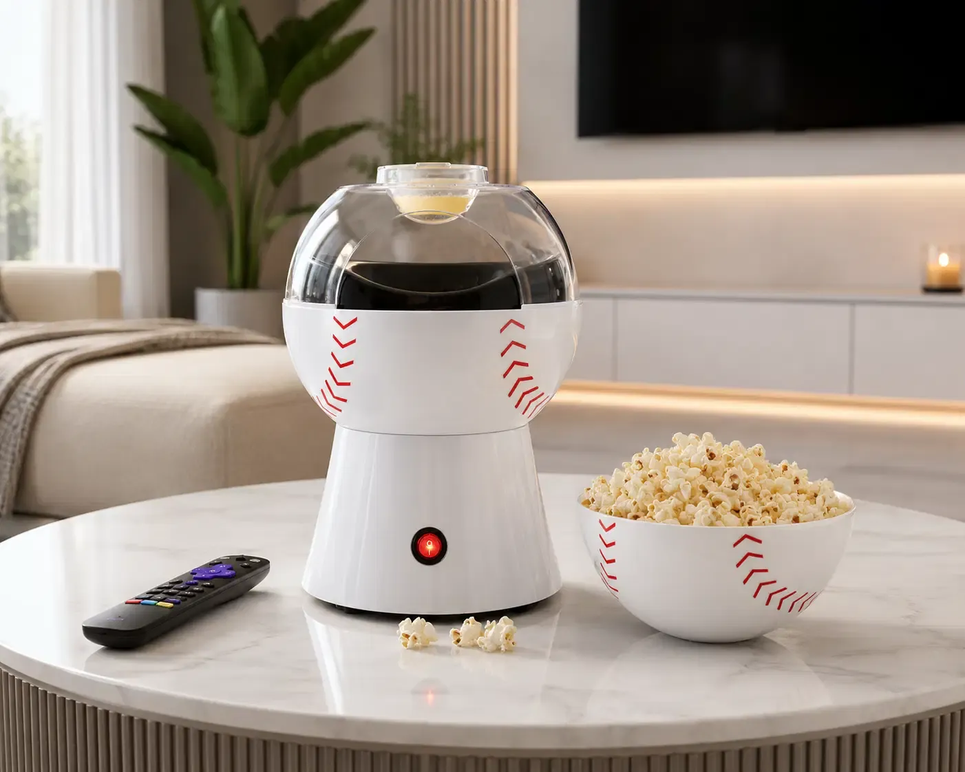 Brentwood Baseball Hot Air Popcorn Maker - Oil-Free, 1200W, with Butter Warming Tray, White/Red (PC-485)