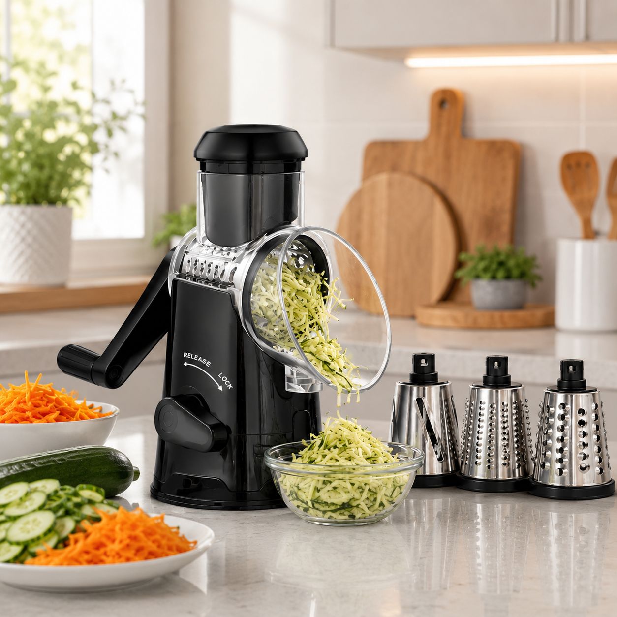 Brentwood Rotary Cheese, Vegetable, and Nut Grater, Shredder, and Slicer with 3 Stainless Steel Drum Blades, Ergonomic Handle, Non-Slip Suction Base, Black (KA-5060BK)