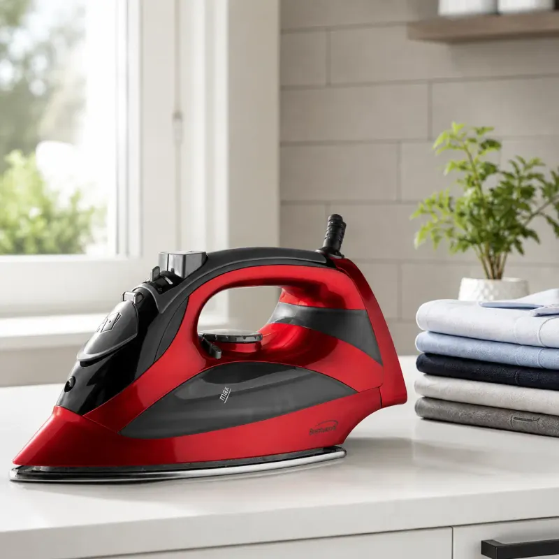 Brentwood Steam Iron with 1,200W Power, Stainless Steel Soleplate, Vertical Steam &amp; 3-Way Auto Shutoff, Red (MPI-90R)