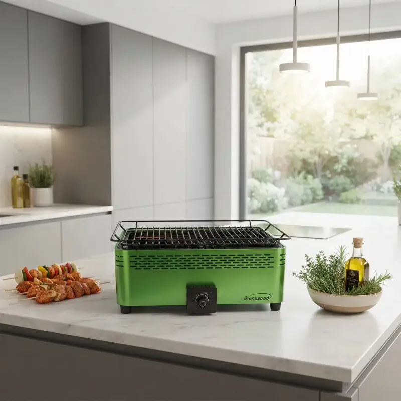 Brentwood Smokeless Portable BBQ with 90% Less Smoke, 112 Sq. In. Non-Stick Grill, Temperature-Control Fan, Green (BBF-31G)