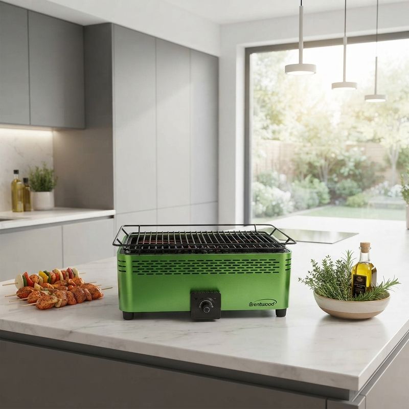 Brentwood Smokeless Portable BBQ with 90% Less Smoke, 112 Sq. In. Non-Stick Grill, Temperature-Control Fan, Green (BBF-31G)