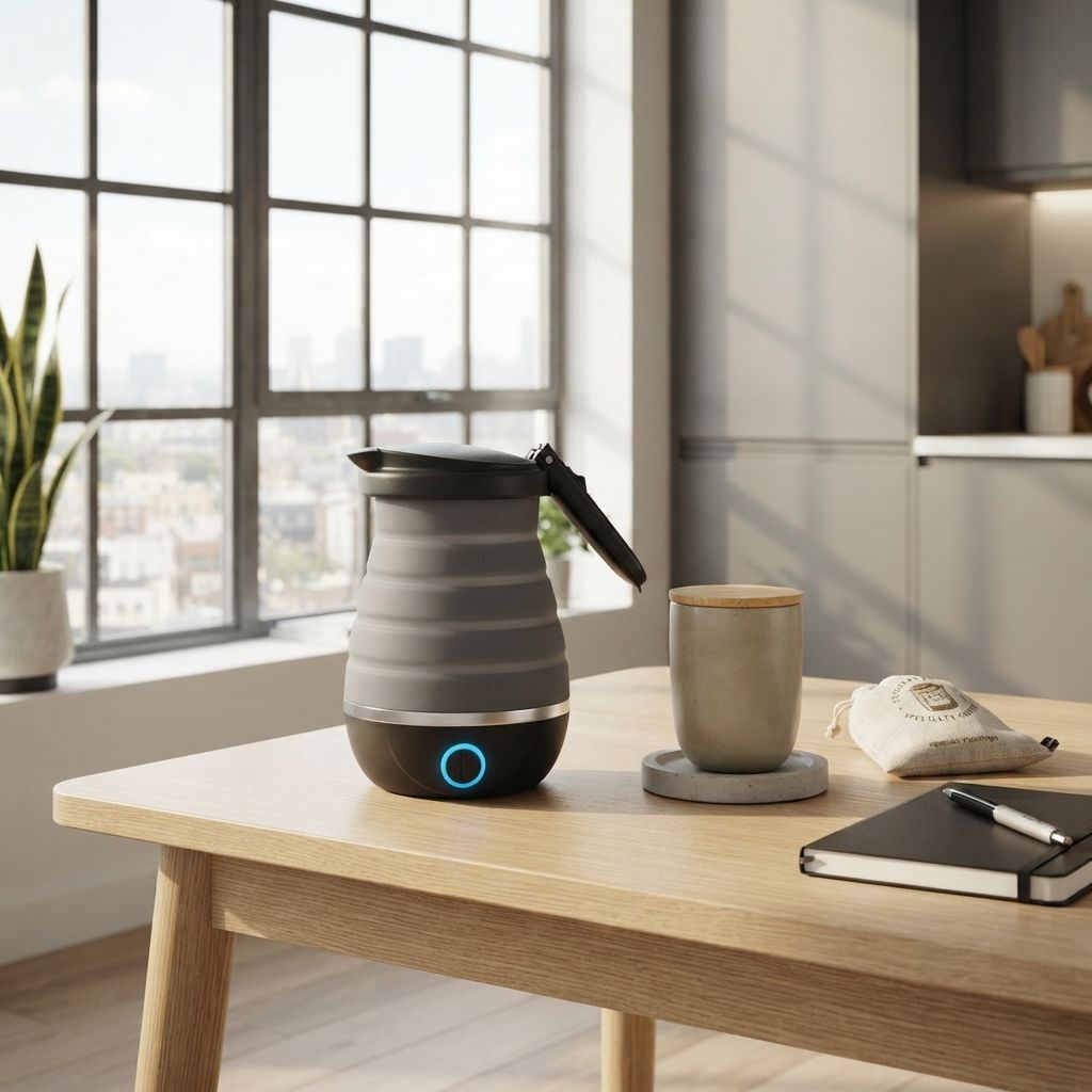 Brentwood Dual-Voltage Collapsible Travel Kettle, 28 Oz / 0.8L, BPA-Free Silicone Body, Concealed Heating Element, Black (KT-1508BK)