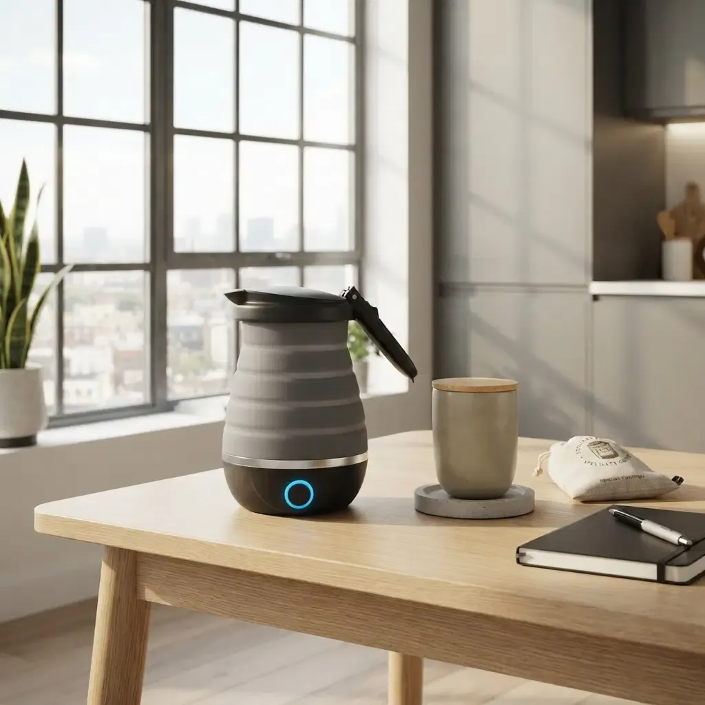 Brentwood Dual-Voltage Collapsible Travel Kettle, 28 Oz / 0.8L, BPA-Free Silicone Body, Concealed Heating Element, Black (KT-1508BK)
